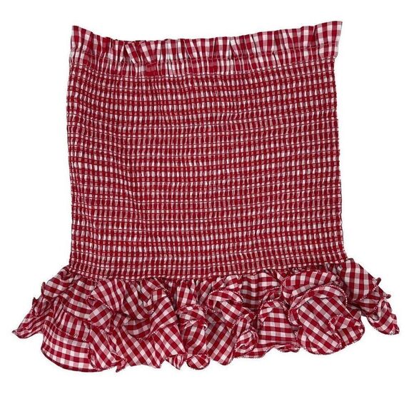 Petersyn Barrett Fitted Smocked Ruffle Mini Skirt Red White Check Linen Medium - Picture 2 of 6